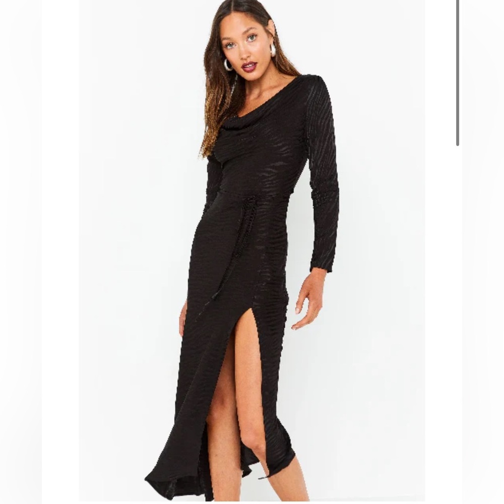 MOSSMAN TAKE BACK THE NIGHT BLACK DRESS long Elegant slit  Long Sleeve 4 - Picture 3 of 12